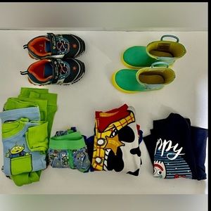 Toddler size 8 Toy Story tennis shoes and rain boots with bundle of pjs